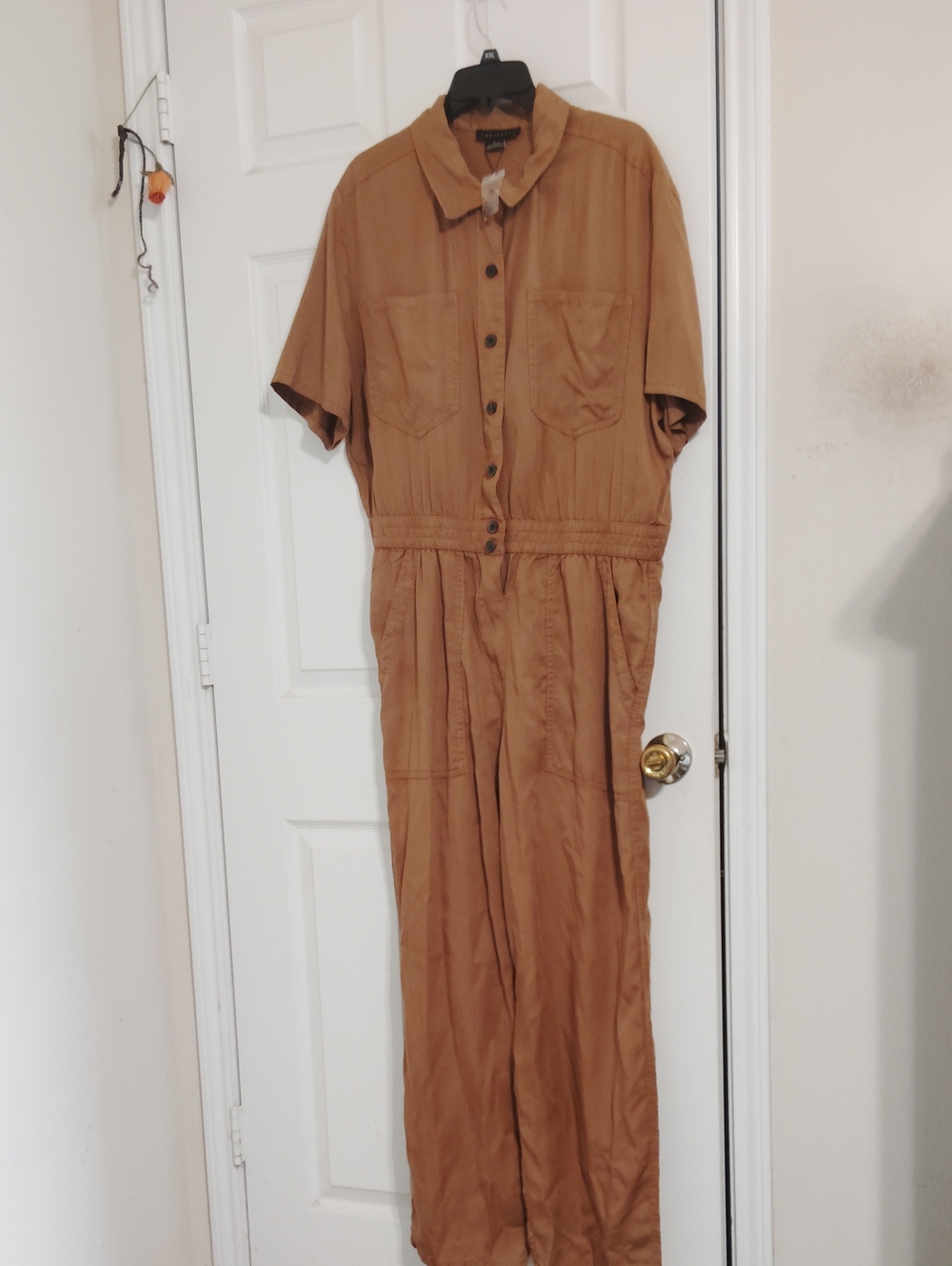 Button Front Utility Jumpsuit in Camel Brown